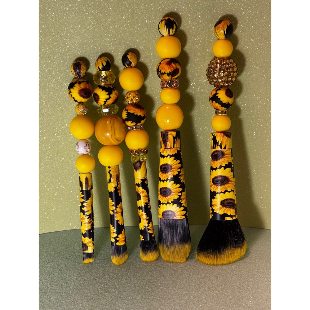 Sunflower Beaded Makeup Brush Set 5pc Yellow Floral Handcrafted Beauty Brushes